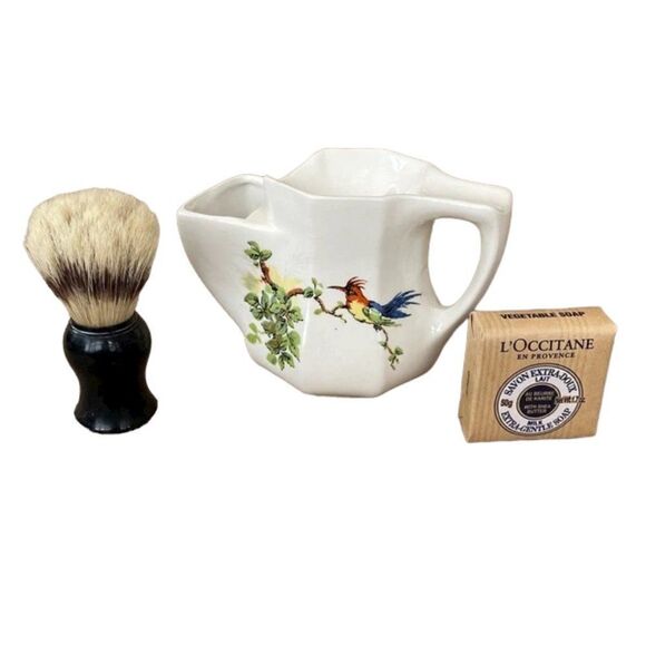 Vintage White Ceramic Shaving Mug‎ with Tropical Bird on Tree - Picture 2 of 9